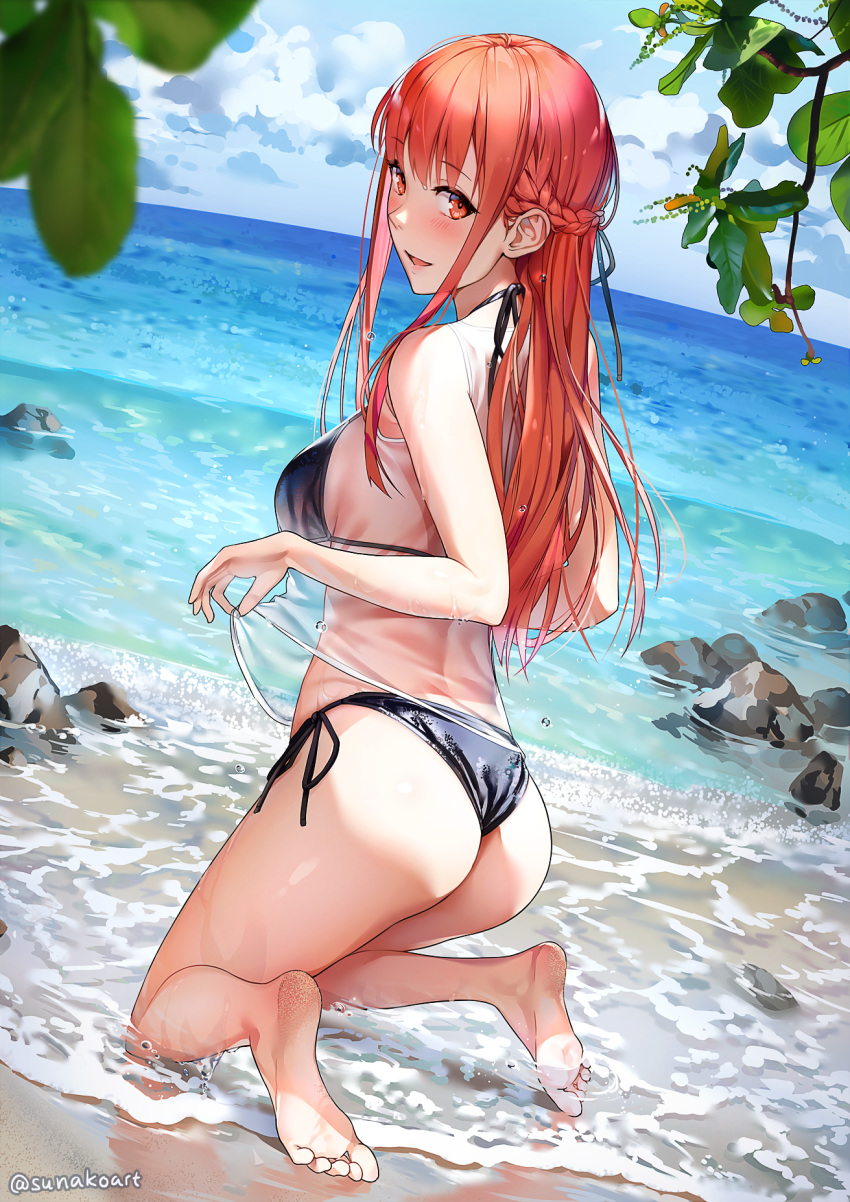 1girl :d ass bangs bare_shoulders barefoot beach bikini black_bikini blue_sky blush braid breasts character_request clouds day dirty_feet feet highres kneeling long_hair ocean open_mouth original outdoors red_eyes redhead sand side-tie_bikini sidelocks sky smile soles solo sunako_(veera) swimsuit wet