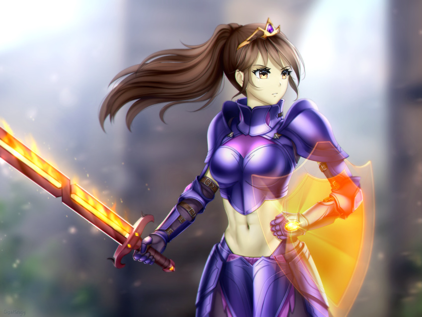 1girl abs armor blurry blurry_background boobplate breastplate breasts brown_hair dot_nose eyebrows_visible_through_hair flaming_sword gauntlets gigamessy gorget greaves knight long_hair magic midriff navel original ponytail purple_theme shield shoulder_armor sidelocks solo sword tiara vambraces weapon yellow_eyes