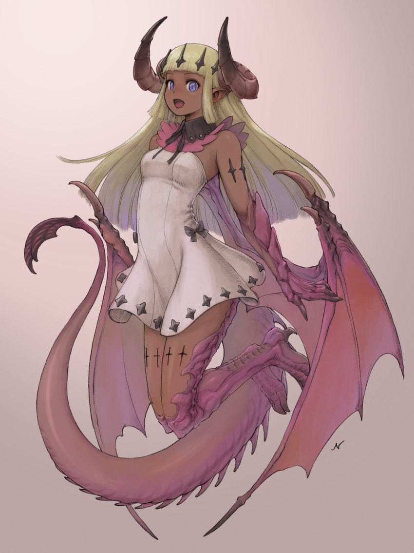 1girl :d absurdres blonde_hair blue_eyes claws dark_skin dragon_girl dragon_horns dragon_tail dragon_wings dress fantasy full_body gradient gradient_background highres horns long_hair looking_at_viewer nishi open_mouth original pointy_ears scales smile solo tail white_dress wings