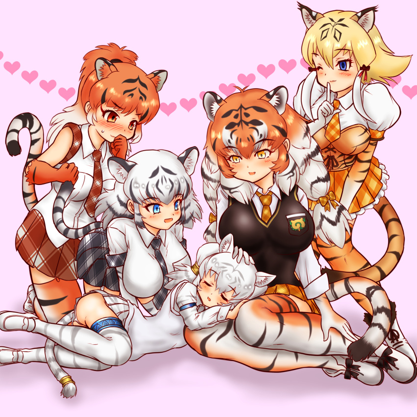 5girls :d ;) absurdres all_fours animal_ear_fluff animal_ears animal_print arm_support armlet ass bangs black_hair blonde_hair blue_eyes bow breast_pocket brown_eyes byakko_(kemono_friends) closed_eyes closed_mouth collared_shirt commentary_request corset elbow_gloves empty_eyes extra_ears eyebrows_visible_through_hair finger_to_mouth garter_straps gloves grey_hair hair_between_eyes hair_bow hakumaiya hand_on_another's_head heart high_ponytail highres index_finger_raised kemono_friends kneeling lap_pillow light_brown_hair long_hair long_sleeves looking_at_another low-tied_long_hair lying medium_hair microskirt miniskirt multicolored_hair multiple_girls necktie on_side one_eye_closed open_mouth panties plaid plaid_neckwear plaid_skirt pocket ponytail print_gloves print_legwear puffy_short_sleeves puffy_sleeves shirt shoes short_sleeves shushing siberian_tiger_(kemono_friends) sidelocks sitting skirt sleeping sleeveless sleeveless_shirt smile smilodon_(kemono_friends) south_china_tiger_(kemono_friends) standing streaked_hair sweater_vest tail thigh-highs tiger_ears tiger_print tiger_tail twintails underwear white_hair white_panties white_tiger_(kemono_friends) white_tiger_print wing_collar zettai_ryouiki
