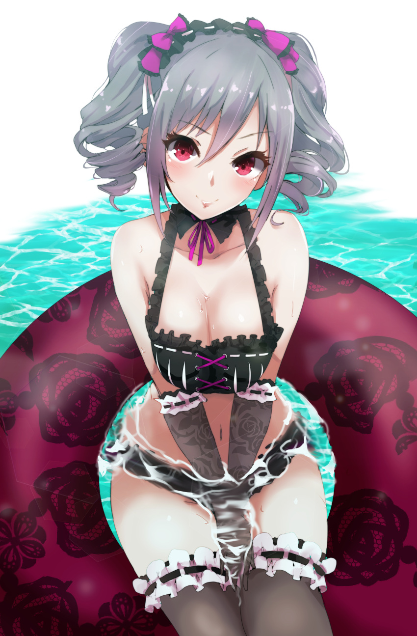 1girl absurdres bangs bikini black_bikini blush breasts collarbone day detached_collar drill_hair frilled_bikini frills gloves gothic_lolita grey_hair hair_ribbon highres idolmaster idolmaster_cinderella_girls kanzaki_ranko lolita_fashion long_hair looking_at_viewer medium_breasts outdoors partially_submerged red_eyes ribbon ryuu. sidelocks sitting smile solo swimsuit thigh-highs twin_drills twintails wet