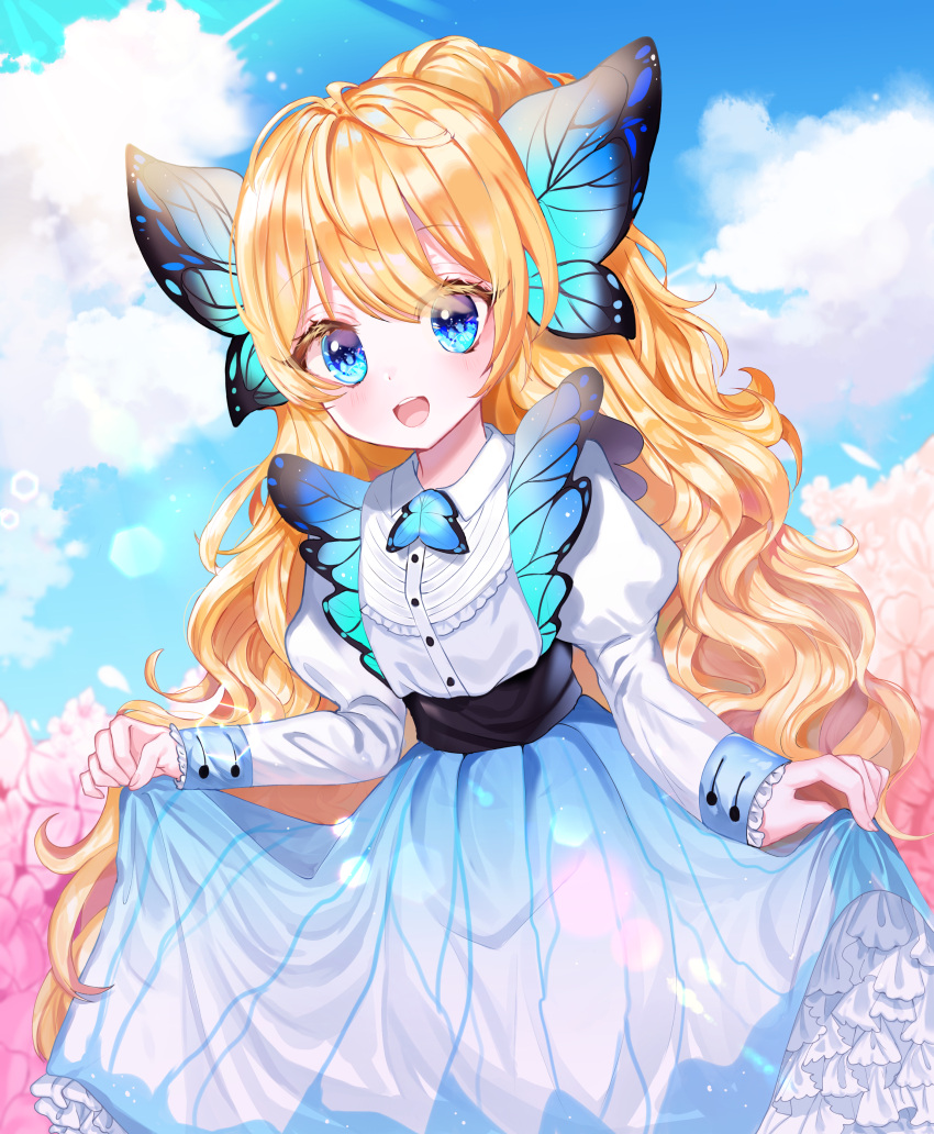 1girl absurdres bangs blonde_hair blue_dress blue_eyes butterfly_hair_ornament clouds commentary_request day dress eyebrows_visible_through_hair frills hair_ornament highres long_hair original outdoors princess puffy_sleeves smile solo user_gzwf2823 very_long_hair wavy_hair