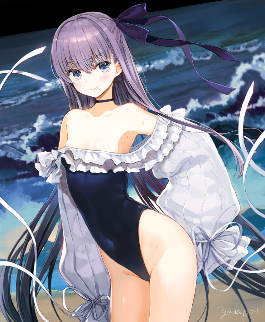 1girl armpits artist_name bare_shoulders blue_eyes blue_swimsuit choker collarbone covered_navel cowboy_shot fate/grand_order fate_(series) frills furrowed_eyebrows hair_ribbon highres lavender_hair long_hair long_sleeves looking_at_viewer meltryllis meltryllis_(swimsuit_lancer)_(fate) one-piece_swimsuit puffy_sleeves ribbon smile solo standing sweat swimsuit thighs very_long_hair yadapot