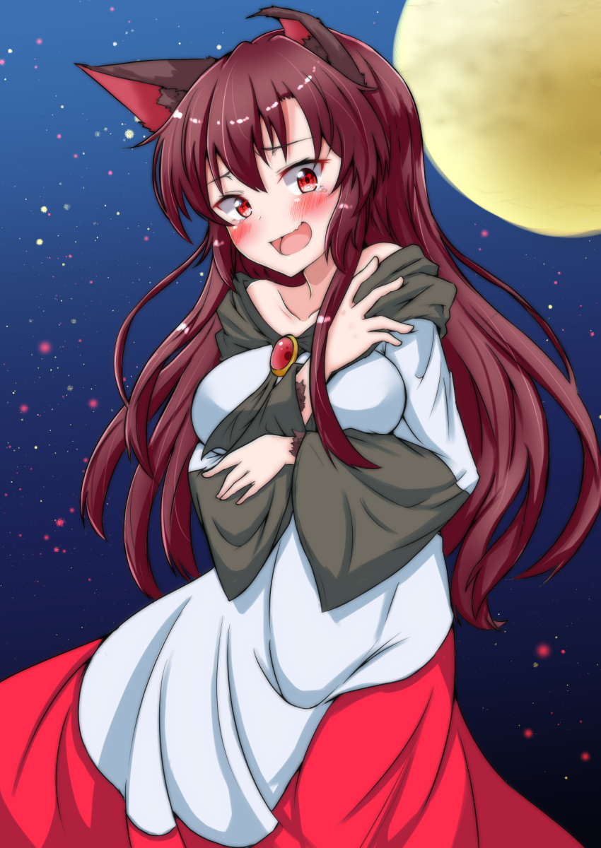 1girl animal_ears blush breasts brooch brown_hair collarbone commentary commentary_request dress embarrassed eyebrows_visible_through_hair full_moon fur highres imaizumi_kagerou jewelry large_breasts long_hair long_sleeves looking_at_viewer moon mukkushi off-shoulder_dress off_shoulder open_mouth red_eyes solo tears touhou wolf_ears