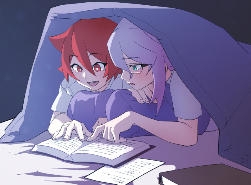 2girls alternate_costume black_background blanket blush book chariot_du_nord chihiri couple croix_meridies glasses green_eyes happy little_witch_academia looking_at_another lying medium_hair multiple_girls on_stomach open_mouth pillow purple_hair purple_pillow reading red_eyes redhead school shirt short_hair simple_background smile ursula_charistes wavy_hair white_shirt younger yuri