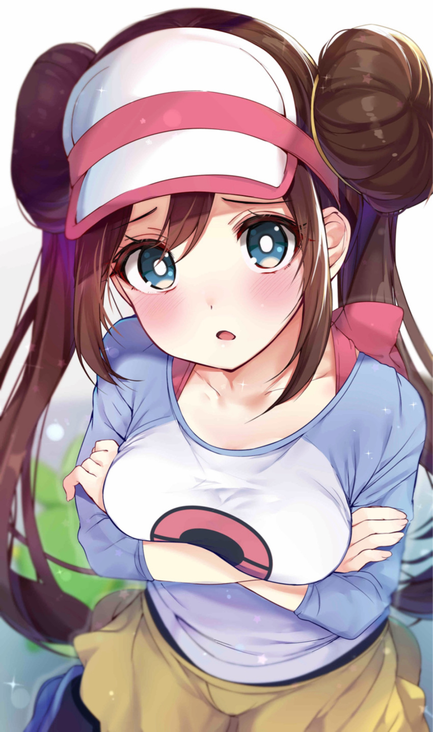 1girl absurdres black_legwear blue_eyes blush breasts brown_hair collarbone commentary_request double_bun eyebrows_visible_through_hair from_above hair_between_eyes highres long_hair long_sleeves looking_at_viewer medium_breasts mei_(pokemon) open_mouth pokemon raglan_sleeves rouka_(akatyann) shorts solo twintails visor_cap