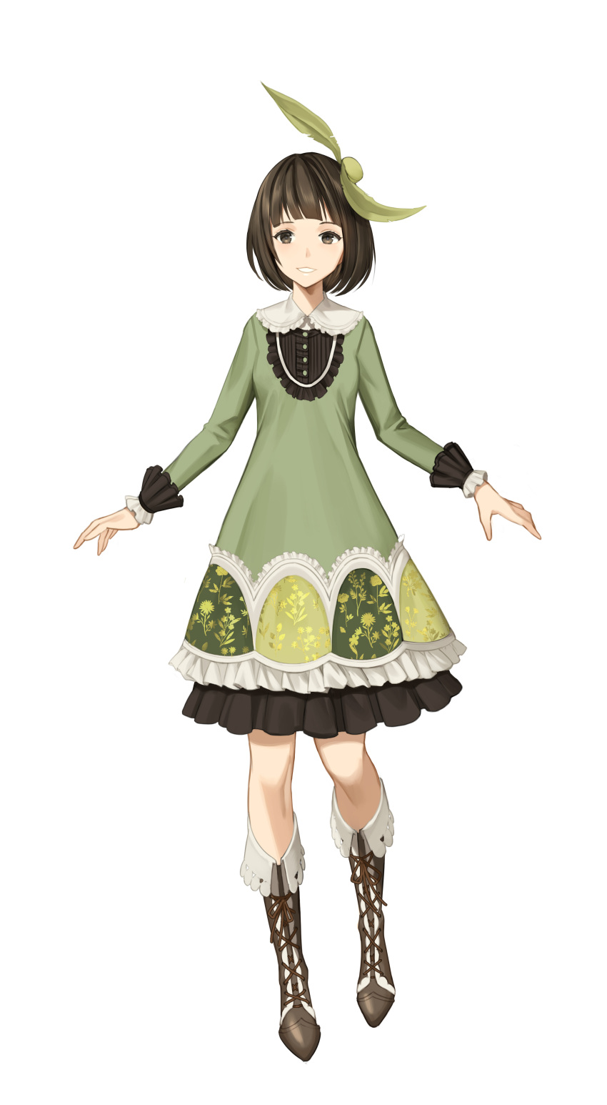 1girl absurdres bangs blunt_bangs boots brown_eyes brown_footwear brown_hair dress floral_print full_body green_dress hair_ornament highres knee_boots long_sleeves looking_at_viewer mt_(ringofive) original parted_lips short_hair solo tachi-e