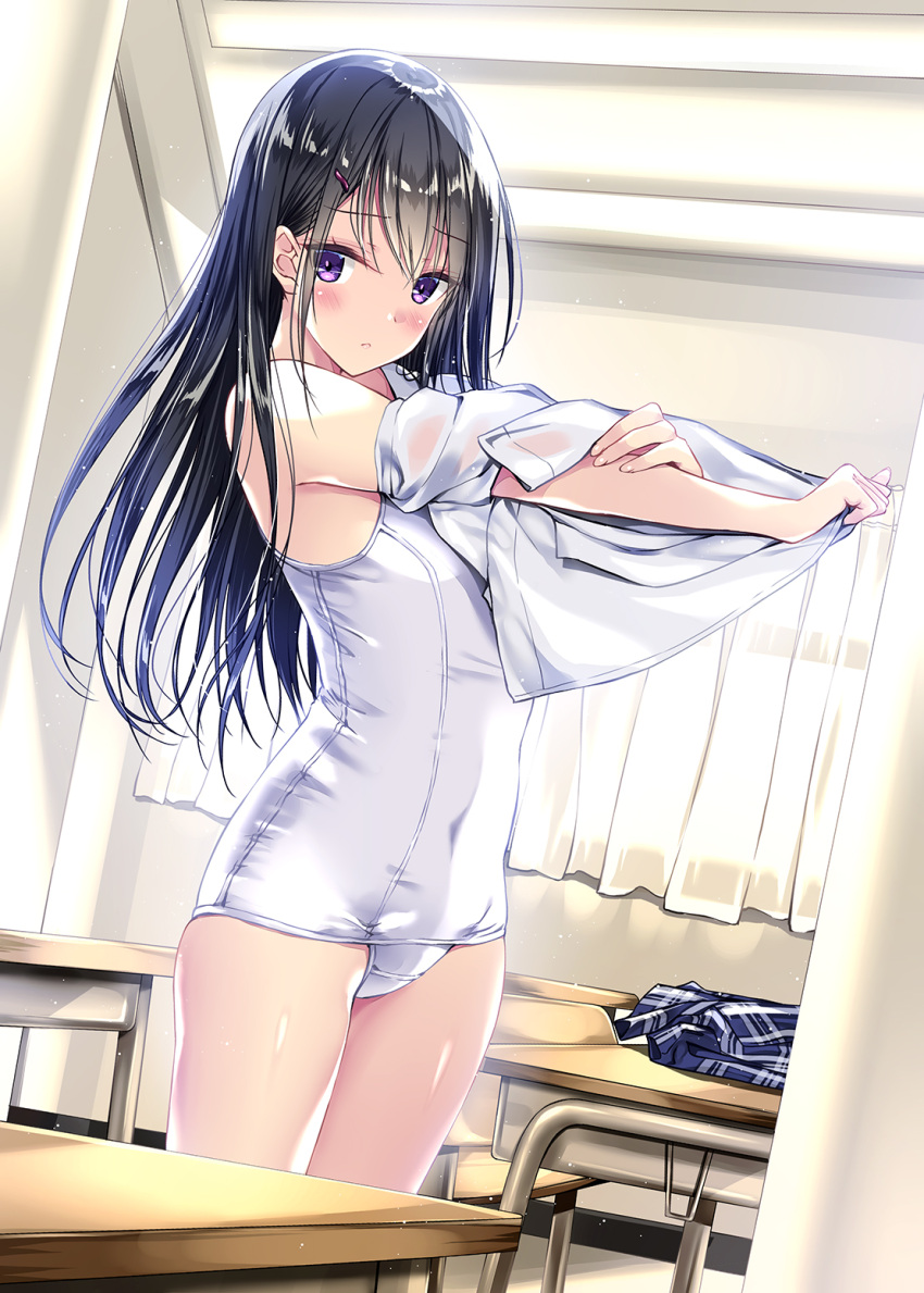 1girl bare_shoulders black_hair blue_skirt classroom closed_mouth commentary_request covered_navel curtains desk hair_ornament hairclip highres indoors kobayashi_chisato long_hair looking_at_viewer one-piece_swimsuit original plaid plaid_skirt school_swimsuit school_uniform shirt skirt skirt_removed solo standing swimsuit thighs undressing violet_eyes white_shirt white_swimsuit
