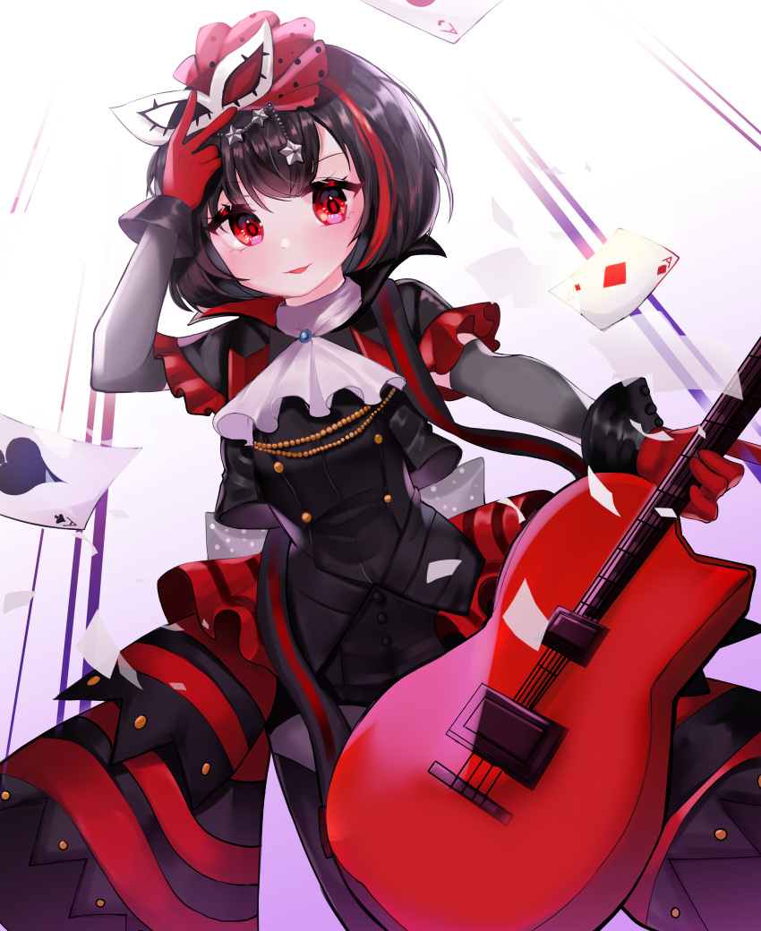 1girl absurdres amamiya_ren amamiya_ren_(cosplay) atlus bang_dream! bangs black_dress black_hair bob_cut breasts bushiroad card commentary_request cosplay dress eyebrows_visible_through_hair face_mask frills from_below guitar hair_between_eyes hair_ornament highres holding_guitar instrument looking_at_viewer mask mask_removed megami_tensei mitake_ran multicolored_hair persona persona_5 redhead short_hair smile solo star streaked_hair sunrise_(studio) tokyo_mx user_gzwf2823