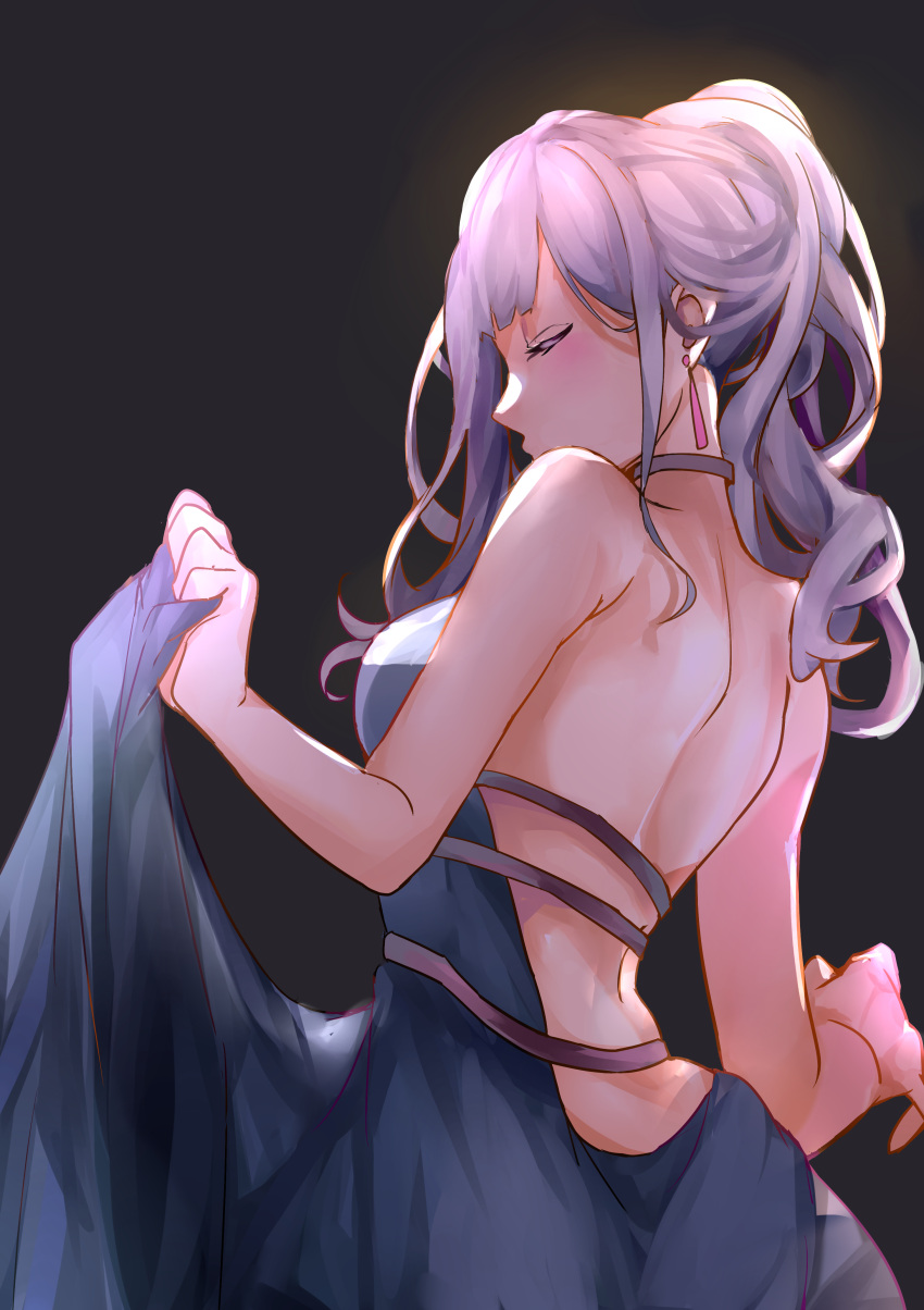 1girl absurdres ak-12_(girls_frontline) back bare_arms bare_shoulders blue_dress blush breasts closed_eyes dress earrings from_behind from_below from_side girls_frontline hair_up highres holding_skirt jewelry leichi6 long_hair silver_hair updo