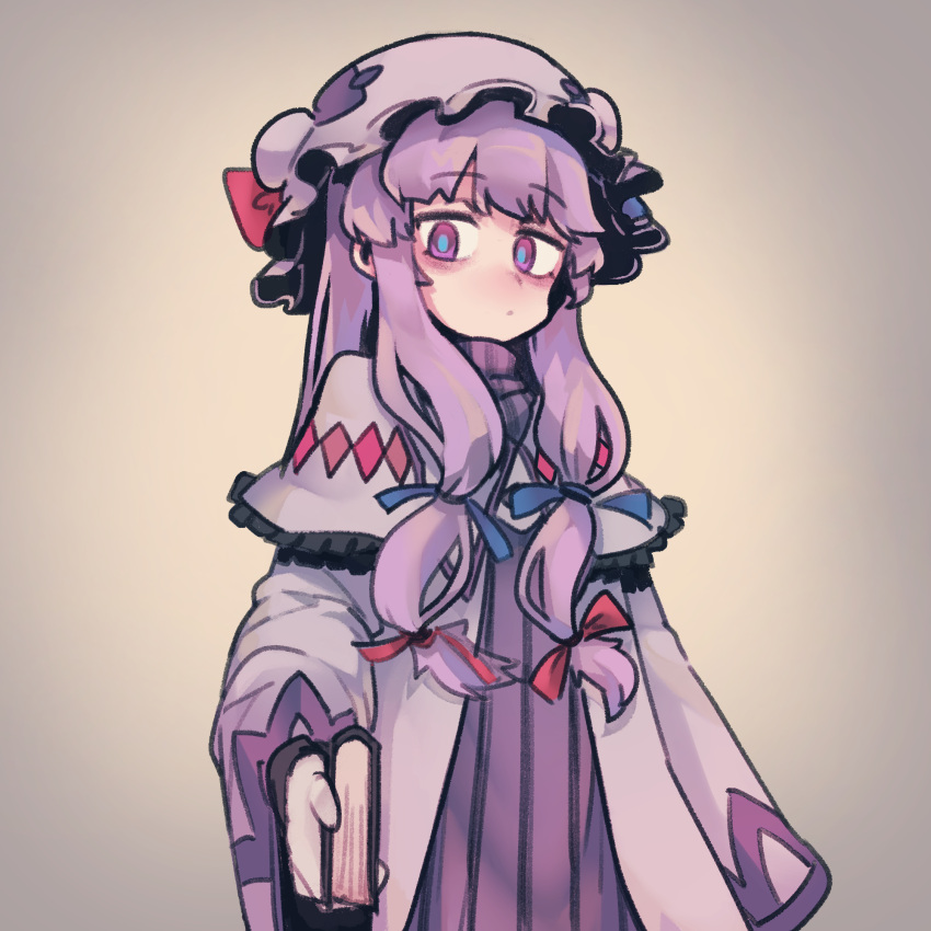 1girl bags_under_eyes bangs blue_ribbon book capelet commentary cowboy_shot dress eyebrows_visible_through_hair gradient gradient_background grey_background hair_ribbon hat hat_ribbon highres holding holding_book long_hair long_sleeves looking_at_viewer mob_cap patchouli_knowledge pigeoncrow purple_capelet purple_dress purple_hair purple_headwear red_ribbon ribbon sidelocks solo standing striped touhou vertical-striped_dress vertical_stripes violet_eyes wide_sleeves
