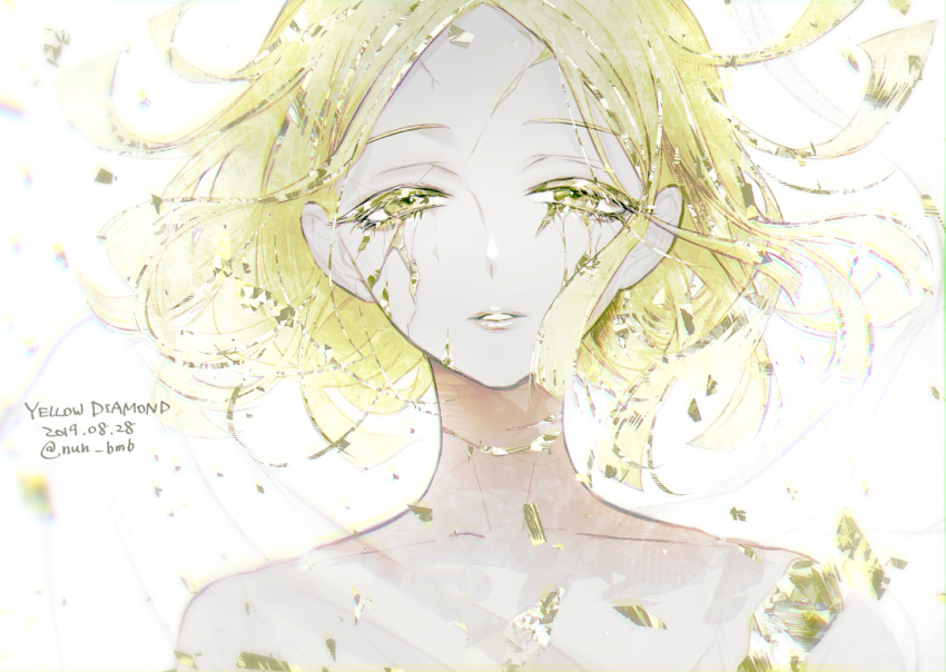 1other androgynous bare_shoulders blonde_hair character_name colored_eyelashes crack crystal crystal_hair dated floating_hair half-closed_eyes houseki_no_kuni light_smile looking_at_viewer morino_bambi parted_lips portrait sad short_hair simple_background white_background yellow_diamond_(houseki_no_kuni) yellow_eyes yellow_theme