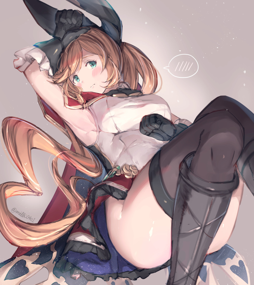 1girl arm_up armpits bangs bare_shoulders black_cape black_gloves black_ribbon blush boots breasts brown_hair brown_legwear cape clarisse_(granblue_fantasy) closed_mouth commentary_request elbow_gloves eyebrows_visible_through_hair frilled_gloves frilled_skirt frills gloves granblue_fantasy green_eyes grey_background grey_footwear hair_ribbon highres knee_boots long_hair looking_at_viewer lying medium_breasts milli_little multicolored multicolored_cape multicolored_clothes on_back red_cape red_skirt ribbon shirt skirt sleeveless sleeveless_shirt solo spoken_blush thigh-highs twitter_username very_long_hair