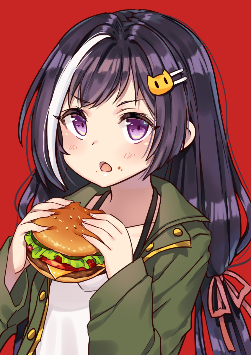 1girl absurdres bangs black_hair cat_hair_ornament collarbone commentary eyebrows_visible_through_hair fingernails food food_on_face goyain green_jacket hair_ornament hair_ribbon hairclip hamburger highres holding holding_food jacket kyaru_(princess_connect) long_hair long_sleeves looking_at_viewer multicolored_hair open_clothes open_jacket open_mouth pink_ribbon princess_connect! princess_connect!_re:dive red_background ribbon shirt simple_background solo streaked_hair upper_body v-shaped_eyebrows violet_eyes white_hair white_shirt