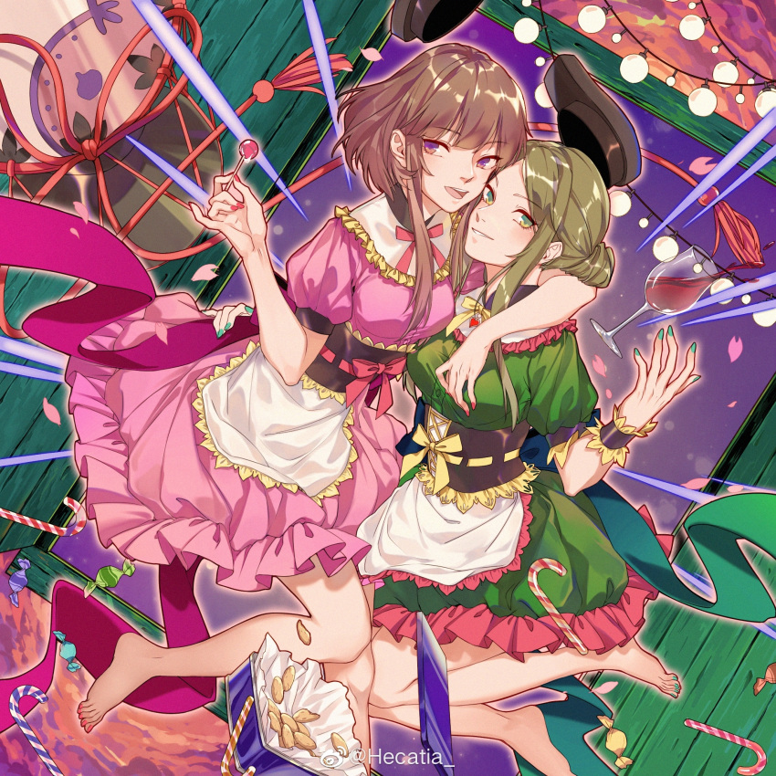 2girls :d alcohol apron bangs barefoot black_headwear blush breasts brown_hair candy candy_cane chinese_commentary commentary_request corset cup door dress drinking_glass dutch_angle eyebrows_visible_through_hair food frilled_shirt_collar frills green_hair green_nails grin hair_bun highres holding holding_food kagari6496 lollipop looking_at_viewer medium_breasts multiple_girls nail_polish neck_ribbon nishida_satono open_mouth pink_dress pink_neckwear pink_ribbon puffy_short_sleeves puffy_sleeves red_nails ribbon short_hair_with_long_locks short_sleeves sidelocks smile teireida_mai toenail_polish touhou violet_eyes waist_apron weibo_logo weibo_username white_apron wine wine_glass wrist_cuffs