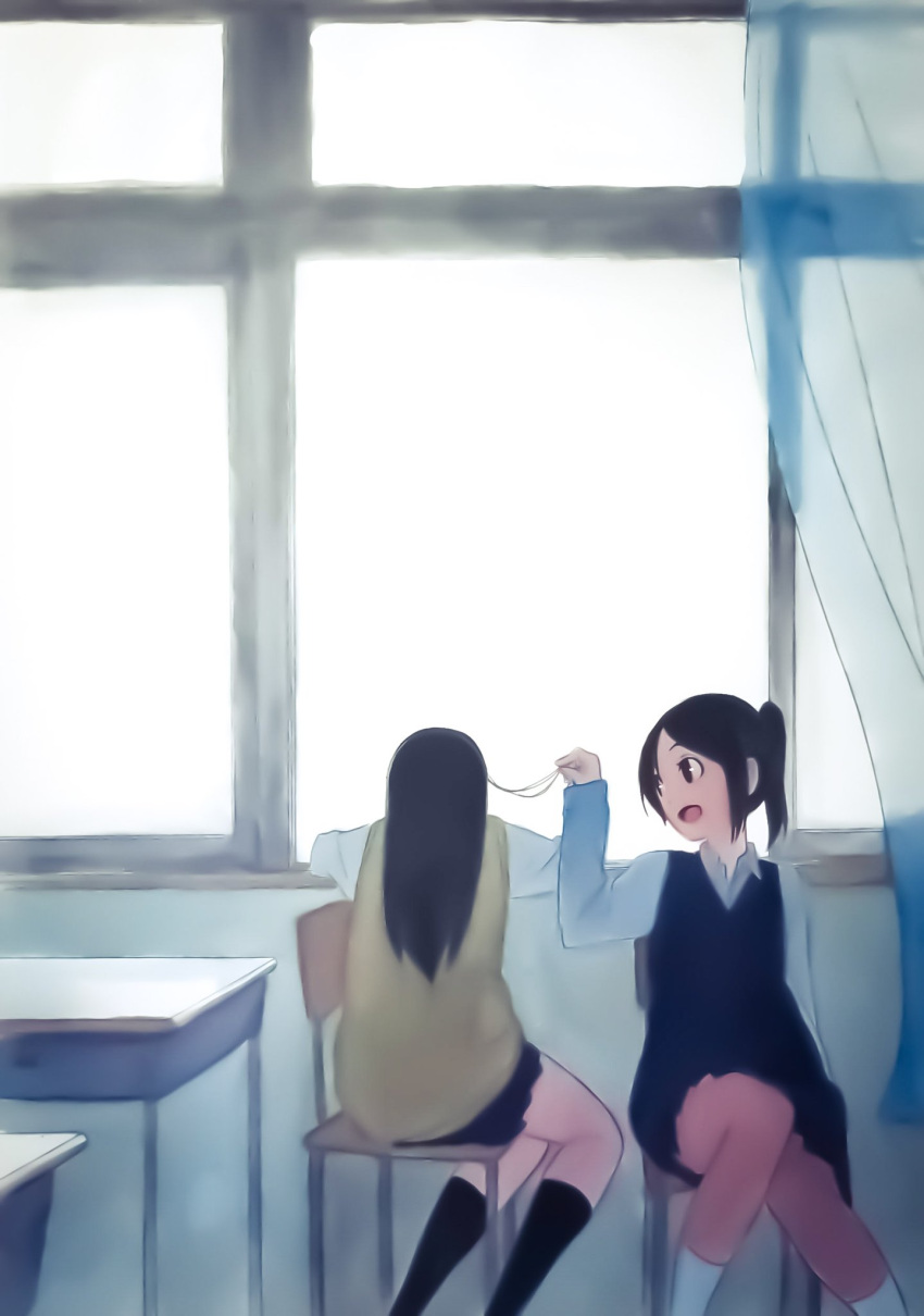 2girls black_hair black_legwear bloom chair collared_shirt curtains desk facing_away highres holding holding_hair kneehighs long_hair looking_at_another multiple_girls ogino_jun original ponytail school_chair school_desk school_uniform shirt skirt sweater_vest white_legwear window