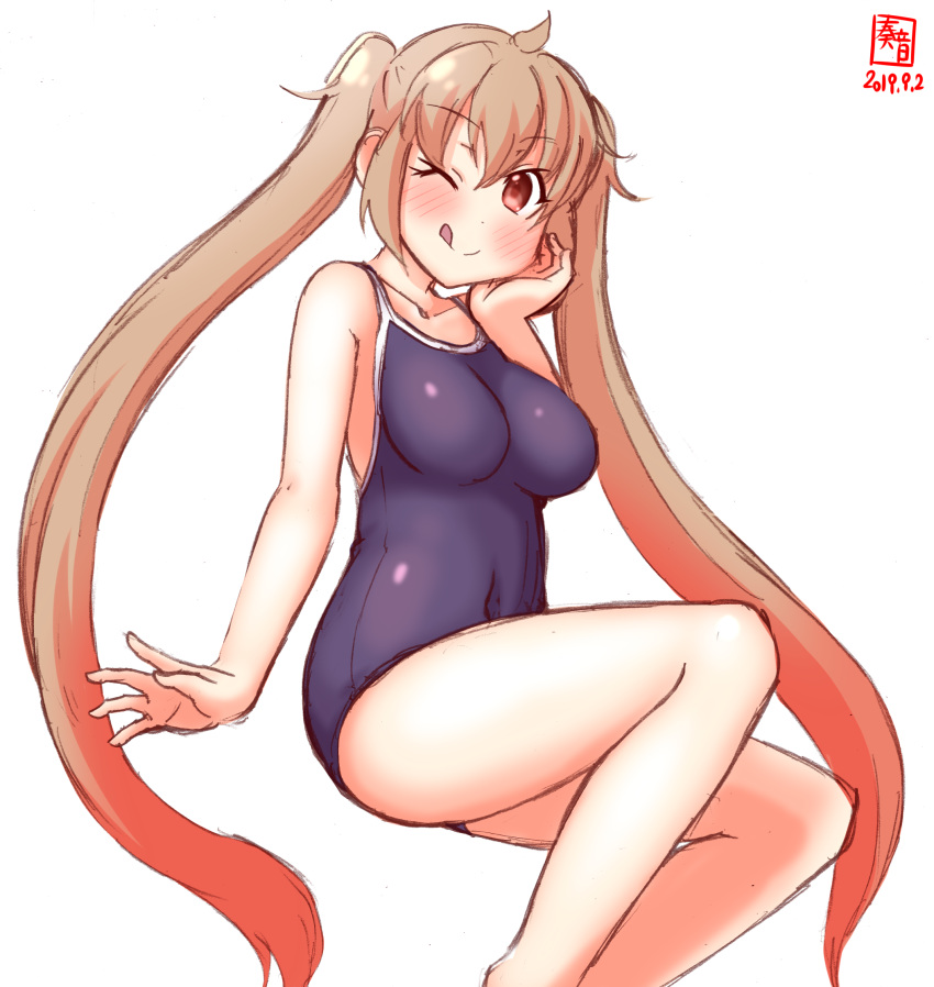 1girl alternate_costume artist_logo black_ribbon blue_swimsuit breasts brown_eyes collarbone commentary_request competition_school_swimsuit covered_navel dated hair_ribbon highres impossible_clothes impossible_swimsuit kanon_(kurogane_knights) kantai_collection light_brown_hair long_hair medium_breasts murasame_(kantai_collection) new_school_swimsuit one_eye_closed ribbon school_swimsuit simple_background sitting solo swimsuit tongue tongue_out twintails white_background