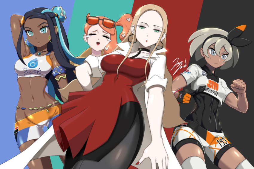 4girls absurdres arm_up armlet ass_visible_through_thighs black_hair black_hairband black_legwear blonde_hair blue_background blue_eyes blue_hair breasts choker clenched_hand closed_eyes covered_navel dark_skin dress earrings eyewear_on_head facing_viewer gloves green_eyes grey_hair gym_leader hair_between_eyes hair_ornament hairband heart heart_hair_ornament highres hoop_earrings jazzjack jewelry large_breasts lipstick long_hair looking_at_viewer makeup multicolored_hair multiple_girls nail_polish navel necklace olive_(pokemon) open_mouth orange_hair pantyhose pokemon pokemon_(game) pokemon_swsh red_dress red_nails rurina_(pokemon) saitou_(pokemon) short_hair short_sleeves shorts side_ponytail simple_background single_glove skirt smile sonia_(pokemon) standing sunglasses swimsuit tankini thigh-highs two-tone_hair white_legwear white_shorts wristband