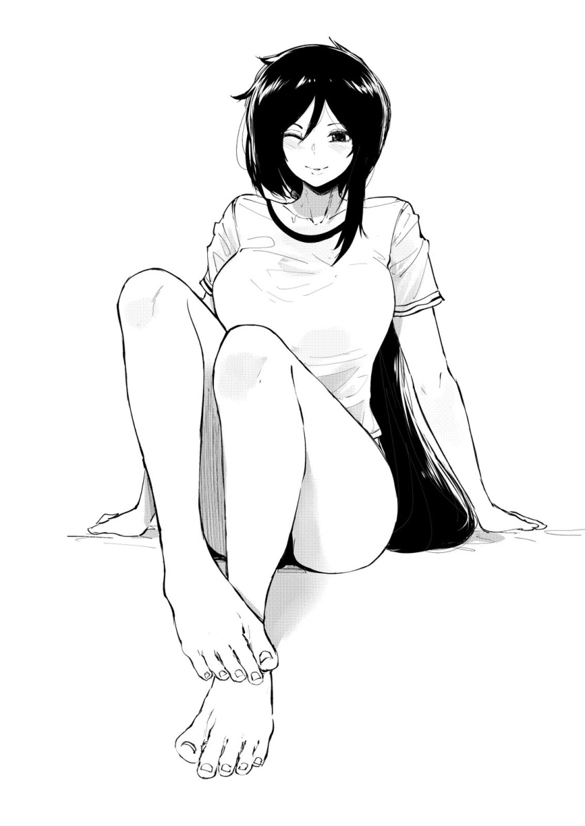 1girl ;) barefoot blush breasts chaos;child commission feet highres kunosato_mio large_breasts legs long_hair looking_at_viewer low_ponytail monochrome norman_maggot one_eye_closed pov_feet shirt sitting smile solo sweat t-shirt toes very_long_hair