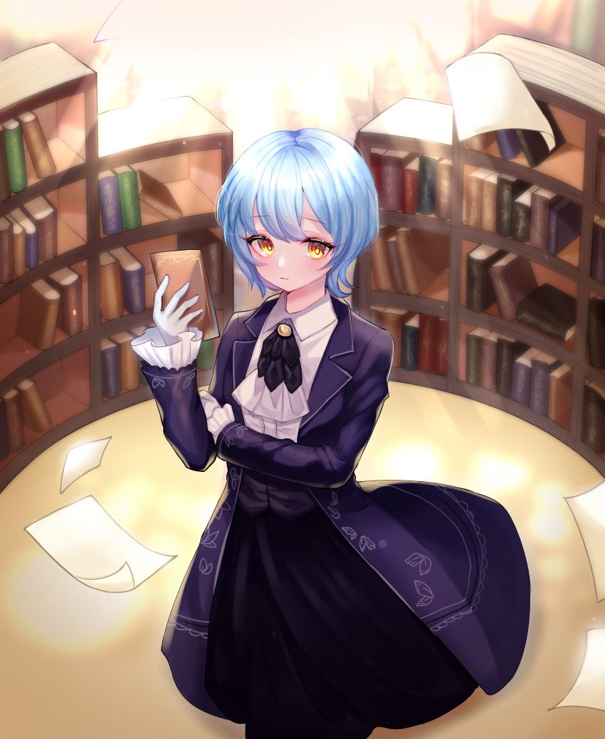 1girl absurdres black_jacket black_neckwear blue_hair book commentary eyebrows_visible_through_hair formal hair_between_eyes highres holding holding_book jacket library lobotomy_corporation long_sleeves looking_at_viewer paper shirt short_hair solo user_gzwf2823 whiet_shirt yellow_eyes