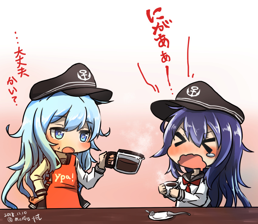 &gt;_&lt; 2girls akatsuki_(kantai_collection) aoba_(akibajun) apron aqua_hair blue_eyes coffee coffee_pot dated flat_cap hat hibiki_(kantai_collection) highres kantai_collection long_hair multiple_girls open_mouth plate purple_hair school_uniform serafuku spoon translated twitter_username wavy_mouth