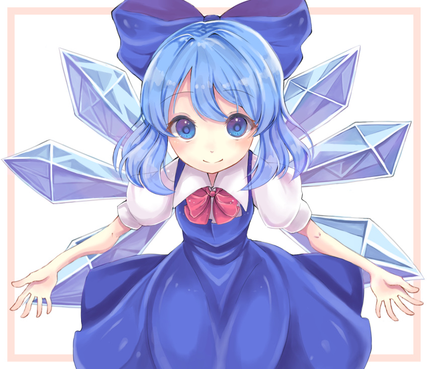1girl absurdres blue_bow blue_dress blue_eyes blue_hair border bow bowtie cirno dress eyebrows_visible_through_hair farmu1231 hair_between_eyes hair_bow highres ice ice_wings juliet_sleeves long_sleeves looking_at_viewer puffy_short_sleeves puffy_sleeves red_neckwear short_hair short_sleeves smile touhou white_background wings