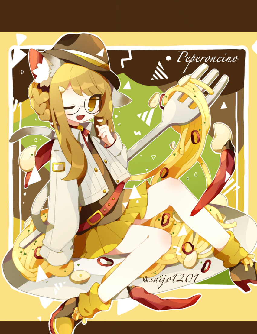 1girl animal_ears bare_legs bell belt blonde_hair boots braid breasts fang fedora food fork garlic glasses hat high_heel_boots high_heels highres jacket jingle_bell long_hair long_sleeves one_eye_closed open_mouth original pasta pepper plate pleated_skirt saijo1201 sidelocks sitting skirt small_breasts solo tail twitter_username yellow_eyes