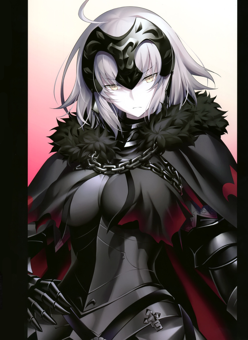 1girl absurdres ahoge armor armored_dress bangs black_armor black_cape black_dress breasts cape cowboy_shot dress eyebrows_visible_through_hair fate/grand_order fate_(series) fur-trimmed_cape fur_collar fur_trim gauntlets gradient gradient_background hand_on_hip headpiece highres jeanne_d'arc_(alter)_(fate) jeanne_d'arc_(fate)_(all) kousaki_rui large_breasts looking_at_viewer scan short_hair signature silver_hair solo tsurime yellow_eyes