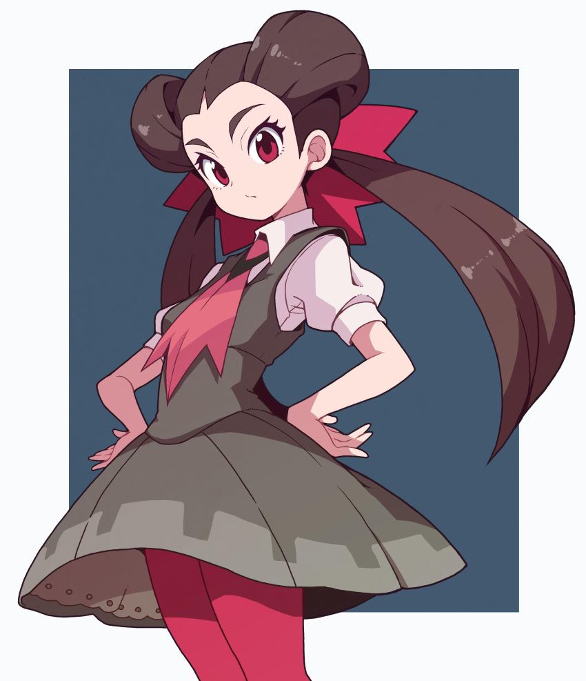 1girl absurdres bangs big_hair bow brown_hair closed_mouth cowboy_shot dress gym_leader hair_bow hair_ornament hair_pulled_back hands_on_hips highres long_hair looking_at_viewer nazonazo_(nazonazot) necktie pink_legwear pokemon pokemon_(game) pokemon_rse red_bow red_eyes red_legwear red_neckwear school_uniform shiny shiny_hair shirt short_sleeves simple_background solo standing tsutsuji_(pokemon) twintails undershirt