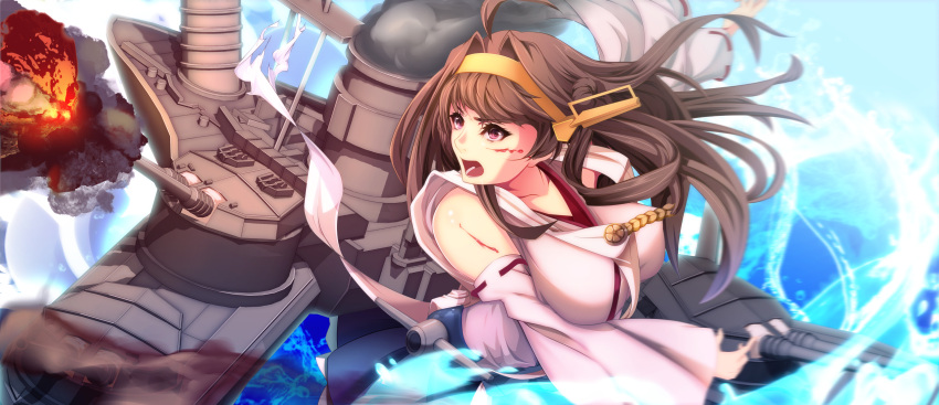 1girl absurdres ahoge bancho_(666305) bare_shoulders bleeding blood breasts brown_hair cannon cuts detached_sleeves double_bun explosion hairband headgear highres injury japanese_clothes kantai_collection kongou_(kantai_collection) large_breasts long_hair nontraditional_miko open_mouth remodel_(kantai_collection) ribbon-trimmed_sleeves ribbon_trim rigging smokestack solo turret upper_body violet_eyes