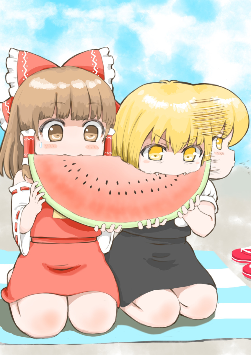 2girls afterimage black_skirt black_vest blanket blonde_hair blue_sky blush bosutonii bow brown_eyes brown_hair clouds commentary_request day detached_sleeves eating eyebrows_visible_through_hair fangs food fruit hair_between_eyes hair_bow hair_tubes hakurei_reimu highres holding holding_food kirisame_marisa looking_down medium_hair melon_slice motion_lines multiple_girls no_hat no_headwear outdoors puffy_short_sleeves puffy_sleeves red_skirt red_vest ribbon-trimmed_sleeves ribbon_trim sandals sandals_removed seiza shared_food shirt short_sleeves sitting skirt sky spitting sweatdrop touhou vest watermelon watermelon_seeds white_shirt yellow_eyes
