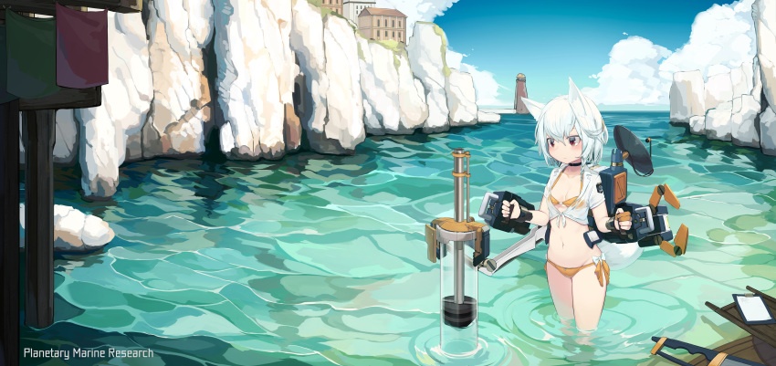 1girl absurdres bangs bikini bikini_under_clothes black_choker blue_sky braid breasts brown_bikini building choker cliff closed_mouth clouds collarbone commentary_request day english_text front-tie_top hair_between_eyes highres holding horizon lighthouse long_hair natori_youkai ocean original outdoors red_eyes see-through shirt short_sleeves side_braid single_braid sky small_breasts solo standing swimsuit tied_shirt wading water white_hair white_shirt