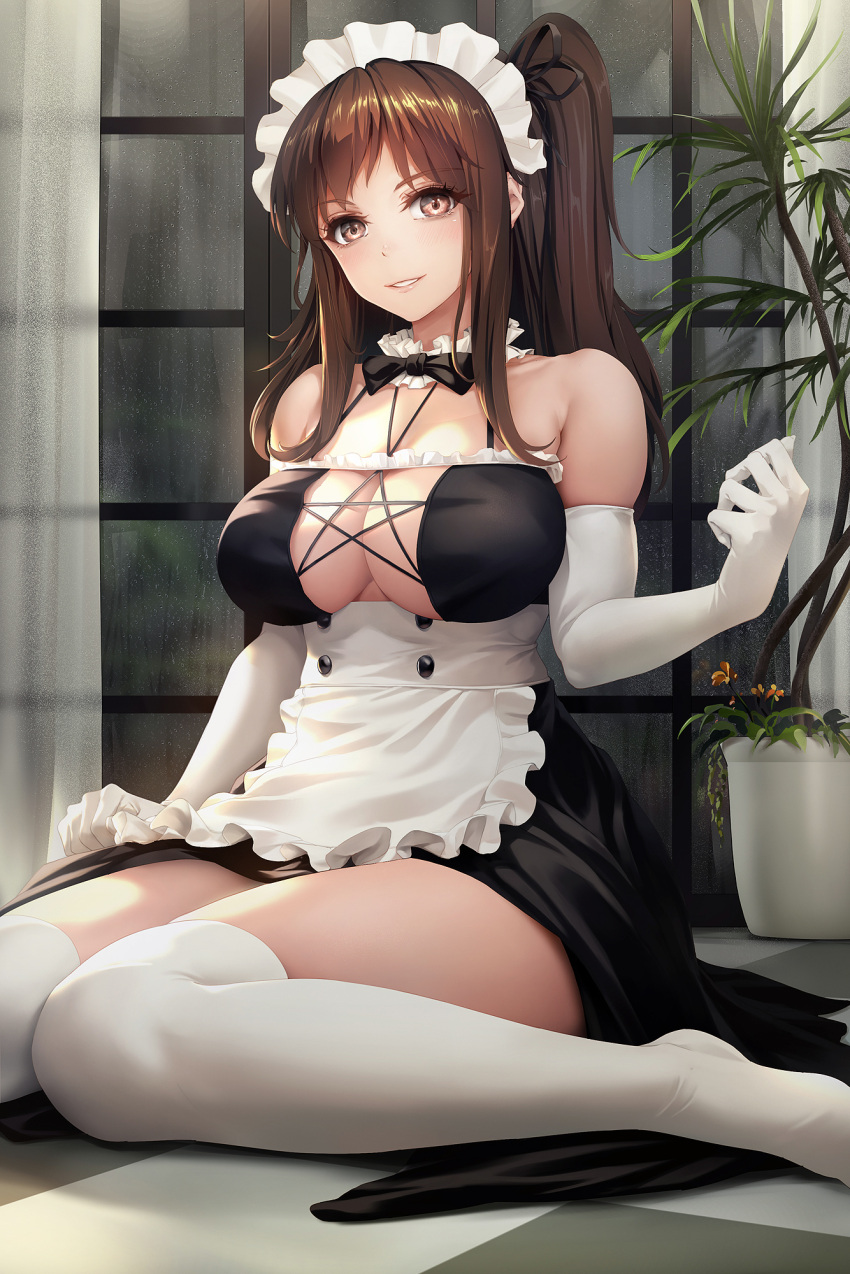 1girl apron bangs bare_shoulders black_ribbon blush breasts brown_eyes brown_hair center_opening checkered checkered_floor curtains elbow_gloves frills gloves hair_ribbon highres indoors large_breasts long_hair maid maid_headdress obaoba_(monkeyix) original parted_lips pink_lips rain ribbon side_ponytail sidelocks sitting skindentation smile solo thigh-highs wariza white_gloves white_legwear window