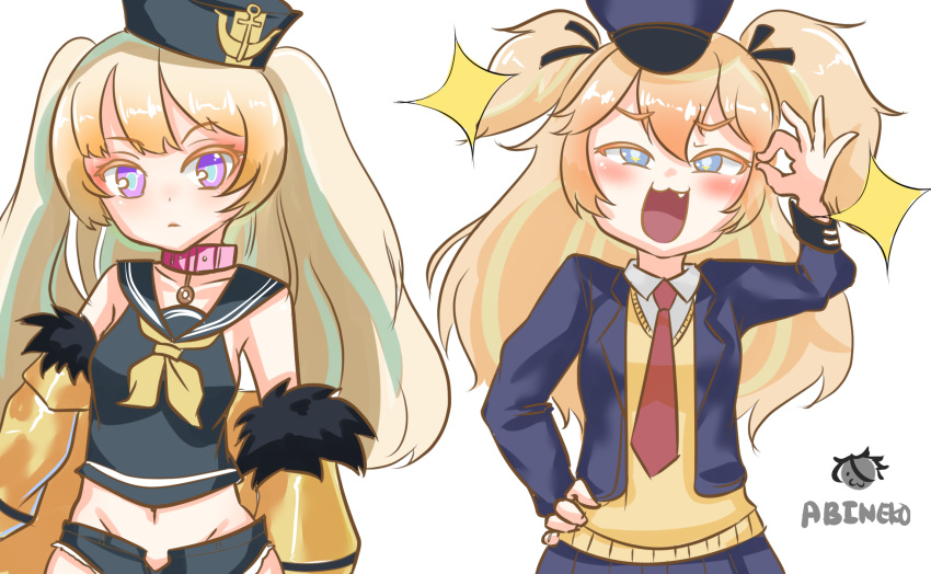 2girls :3 abineko artist_name azur_lane bache_(azur_lane) bache_(azur_lane)_(cosplay) black_sailor_collar blazer blonde_hair blue_eyes blue_headwear collar commentary cosplay costume_switch fang fur-trimmed_jacket fur_trim girls_frontline hat highres jacket long_hair long_sleeves look-alike micro_shorts midriff multiple_girls ok_sign open_blazer open_clothes open_jacket open_mouth peaked_cap police_hat red_neckwear sailor_collar school_uniform shorts sleeveless sparkle super_shorty_(girls_frontline) super_shorty_(girls_frontline)_(cosplay) two_side_up violet_eyes