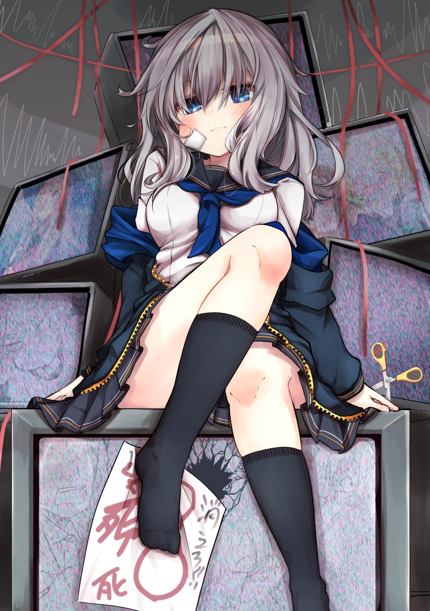 1girl absurdres bandaid bandaid_on_face blue_eyes blue_neckwear breasts broken closed_mouth crt feet_out_of_frame from_below hair_over_eyes highres huge_filesize jacket kneehighs looking_at_viewer majima messy_hair neckerchief no_shoes original pleated_skirt school_uniform scissors serafuku silver_hair sitting sitting_on_object skirt static television