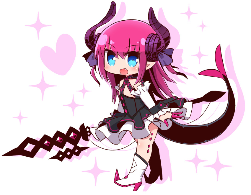 1girl :d bangs black_dress blue_eyes blush boots chibi commentary_request curled_horns detached_sleeves dragon_girl dragon_horns dragon_tail dress elizabeth_bathory_(fate) elizabeth_bathory_(fate)_(all) eyebrows_visible_through_hair fang fate/extra fate/extra_ccc fate_(series) full_body hair_between_eyes hair_ribbon heart high_heel_boots high_heels highres horns long_hair long_sleeves looking_at_viewer naga_u open_mouth pink_hair purple_ribbon ribbon simple_background sleeveless sleeveless_dress smile solo sparkle spiked_boots spikes standing tail tail_raised two_side_up very_long_hair weapon white_background white_footwear white_sleeves