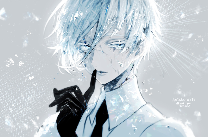 androgynous antarcticite black_gloves black_neckwear blue_eyes collared_shirt crack crystal crystal_hair eyelashes finger_to_mouth gem_uniform_(houseki_no_kuni) gloves glowing glowing_hair grey_background hair_between_eyes houseki_no_kuni morino_bambi pale_skin parted_lips portrait shirt short_hair shushing sideways_glance silver_hair solo white_shirt