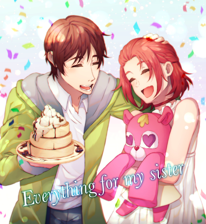 1boy 1girl :d blush brother_and_sister brown_hair choker closed_eyes confetti dress english_text food garo:vanishing_line garo_(series) green_jacket hand_on_head highres holding holding_stuffed_animal jacket martin_hennes nc4 open_mouth pancake red_choker redhead shirt short_hair siblings simple_background smile sophia_hennes stack_of_pancakes standing stuffed_animal stuffed_toy whipped_cream white_background white_dress white_shirt