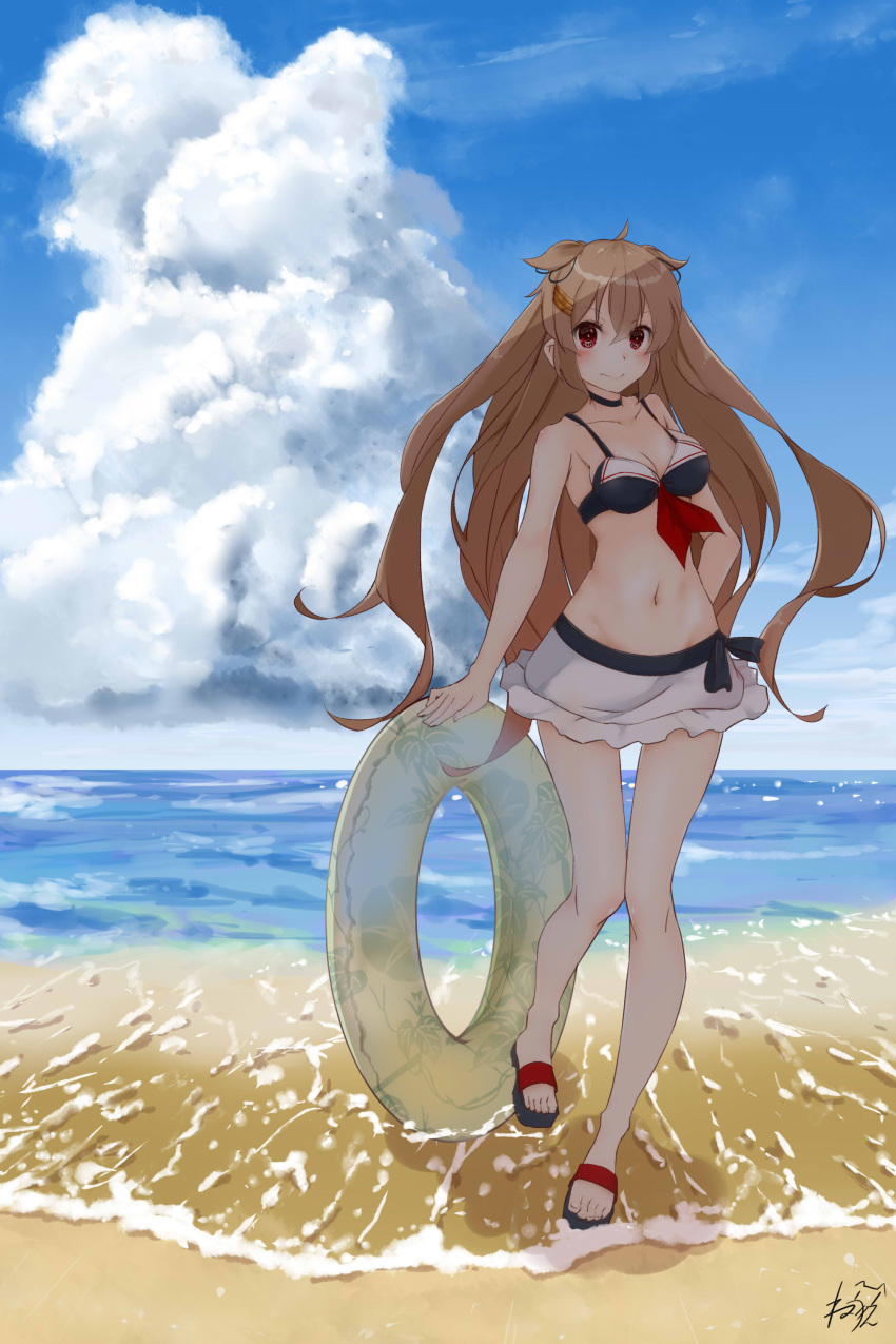 1girl absurdres beach bikini bikini_skirt blush breasts clouds day full_body hair_flaps hair_ornament hair_ribbon hairclip highres hip_bones innertube kantai_collection light_brown_hair long_hair medium_breasts murasame_(kantai_collection) navel neve ocean outdoors red_eyes remodel_(kantai_collection) ribbon sailor_bikini sailor_collar sand sandals sky smile solo standing swimsuit twintails water