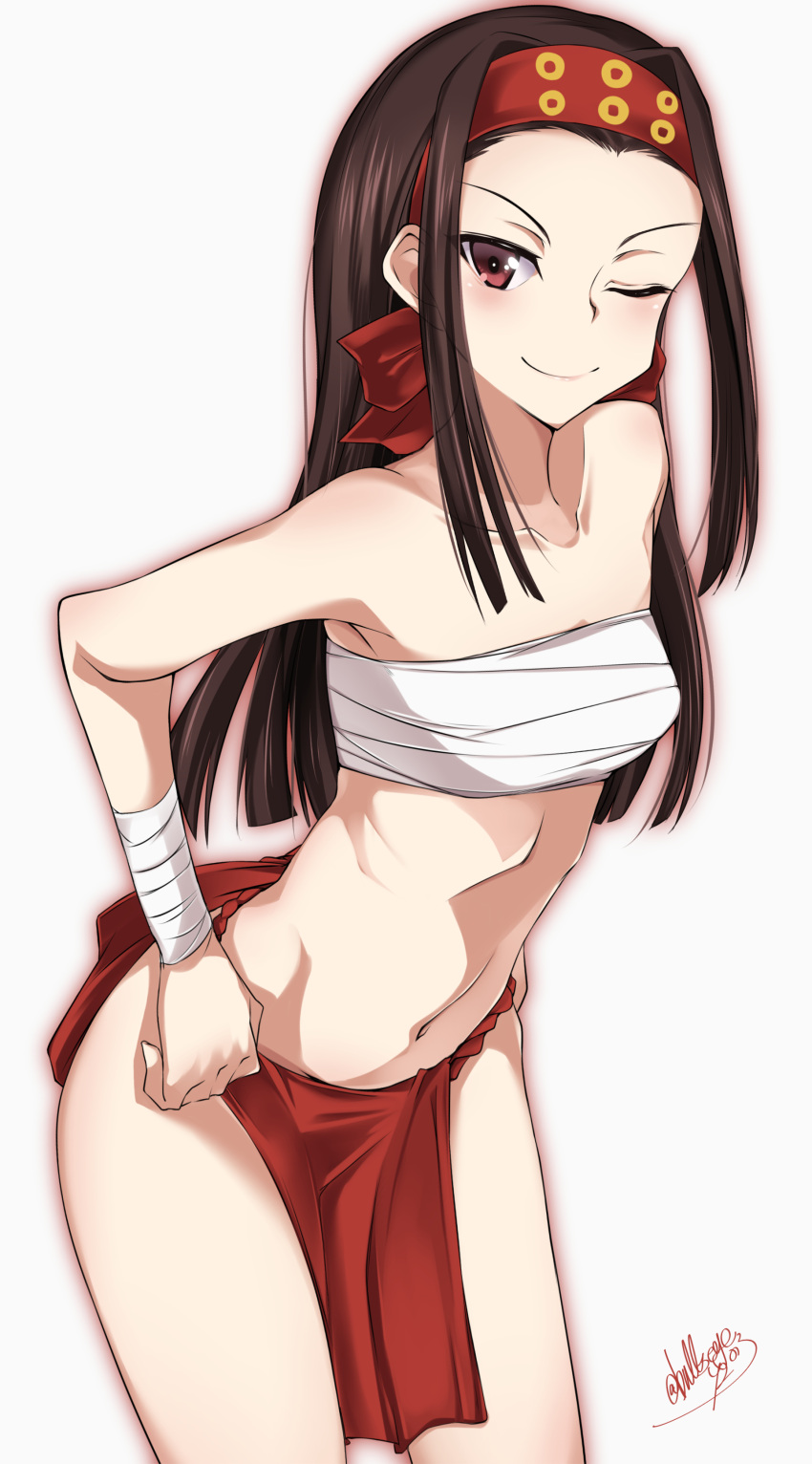 1girl ;) absurdres bandages bare_arms bare_shoulders breasts brown_eyes brown_hair closed_mouth collarbone commentary_request forehead fundoshi girls_und_panzer grey_background hand_on_hip headband highres japanese_clothes leaning_forward long_hair looking_at_viewer midriff navel one_eye_closed paburisiyasu red_headband ribs saemonza sarashi sidelocks signature simple_background small_breasts smile solo standing stomach thighs twitter_username underwear underwear_only