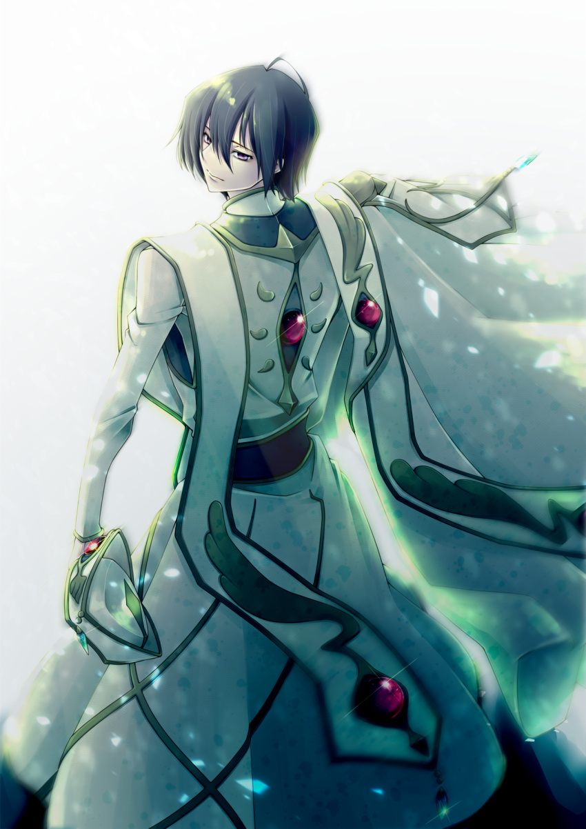 1boy black_hair code_geass hair_between_eyes hat hat_removed headwear_removed highres lelouch_lamperouge long_sleeves looking_at_viewer looking_back male_focus simple_background solo standing vestments violet_eyes white_background white_robe yamaaa0000