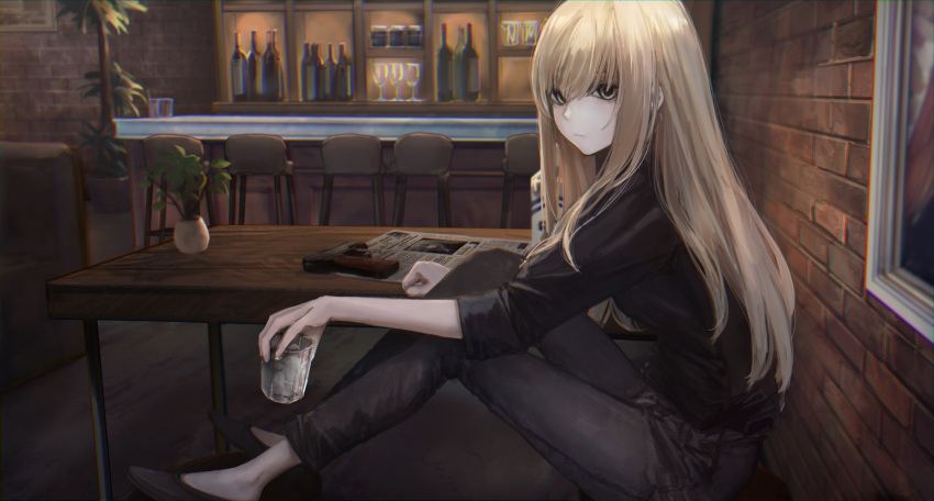 1girl against_wall bar bar_stool beer_mug black_footwear black_pants black_shirt blonde_hair bottle brick_wall capri_pants chair clenched_hand commentary_request counter cup drinking_glass english_commentary expressionless feet_on_chair green_eyes gun hair_between_eyes handgun hashimoto_kokai highres holding holding_cup indoors knees_up long_hair looking_at_viewer mixed-language_commentary newspaper on_stool original pants plant potted_plant shirt sitting sleeves_folded_up solo stool table weapon window wine_glass