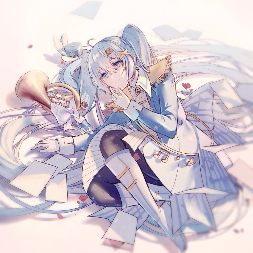 1girl arm_support black_legwear blue_eyes blue_hair boots bow closed_mouth gloves hair_ornament hairclip hand_to_own_mouth hatsune_miku highres instrument jacket light_smile long_hair looking_at_viewer lying on_side pantyhose qingning trumpet twintails very_long_hair vocaloid white_bow white_footwear white_gloves yuki_miku_(2020)