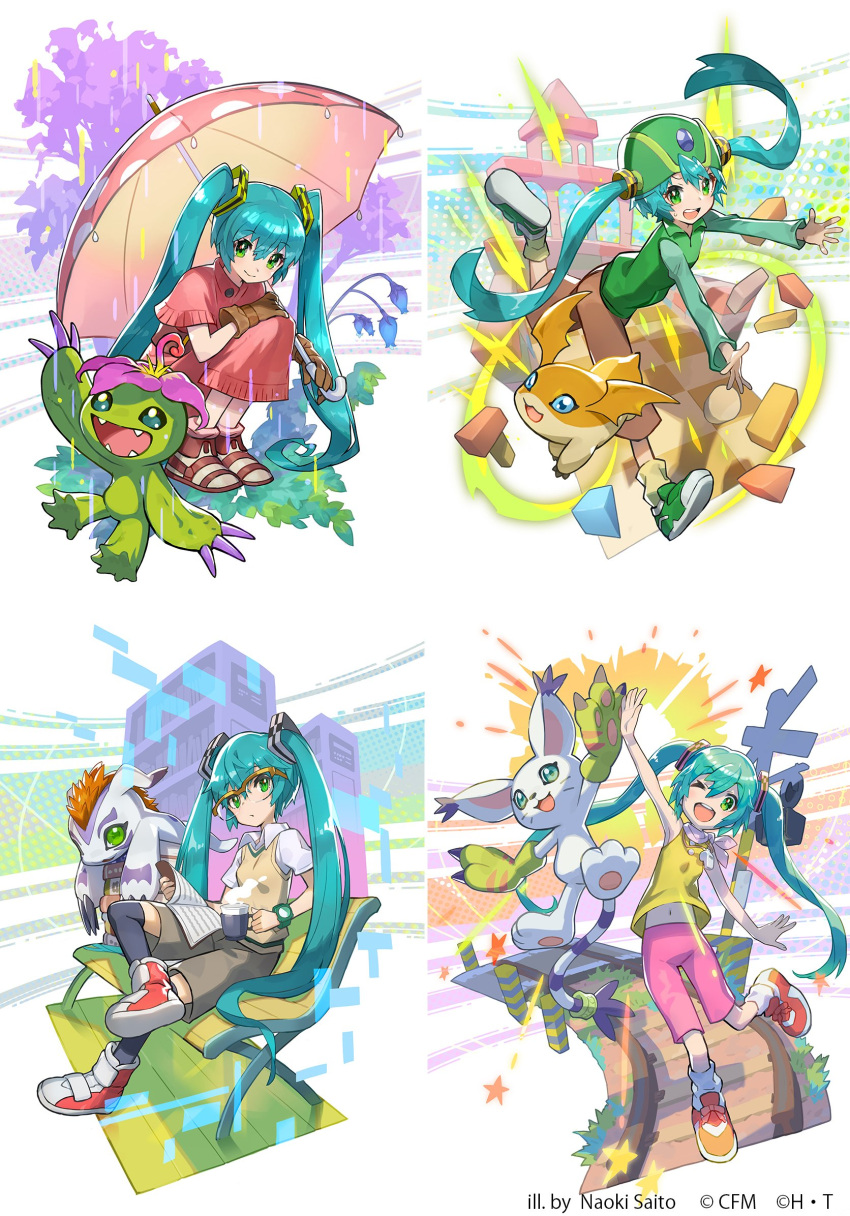 1girl :o artist_name bare_shoulders bench blue_eyes book brown_gloves brown_pants building_block capelet commentary_request cosplay crossed_legs cup digimon digimon_adventure dress flower glasses gloves gomamon green_eyes green_footwear green_headwear green_shirt hatsune_miku high_five highres holding holding_cup kido_jou kido_jou_(cosplay) long_sleeves looking_at_another looking_at_viewer motion_lines mug multiple_views one_eye_closed over-rim_eyewear palmon pants patamon pink_legwear pink_scarf pink_shorts plant railroad_crossing railroad_signal railroad_tracks rain reading red_capelet red_dress red_footwear saitou_naoki scarf semi-rimless_eyewear shirt shoes shorts sitting sleeveless sneakers socks squatting sweatdrop tachikawa_mimi tachikawa_mimi_(cosplay) tailmon takaishi_takeru takaishi_takeru_(cosplay) umbrella vocaloid watch watermark waving whistle whistle_around_neck yagami_hikari yagami_hikari_(cosplay) yellow_legwear yellow_shirt