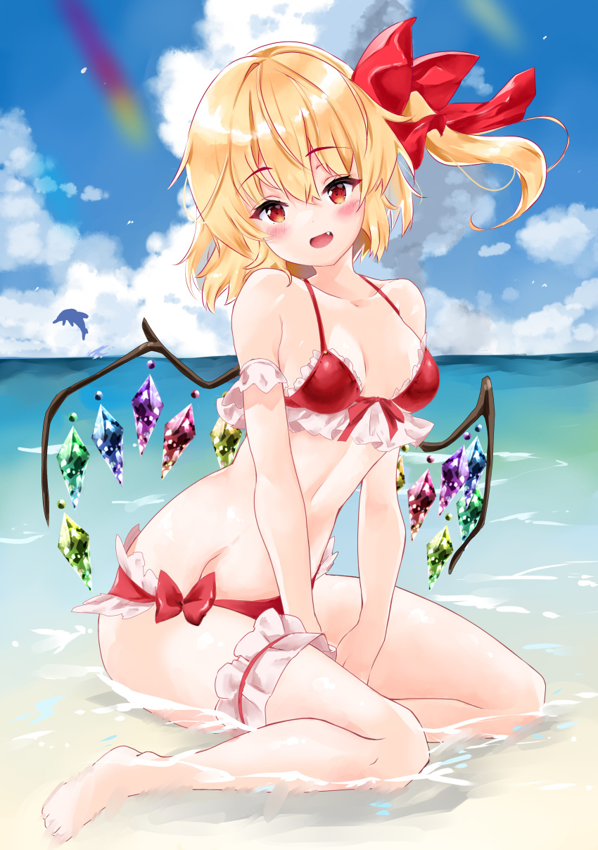 1girl :d absurdres bangs bare_legs barefoot beach bikini blonde_hair blue_sky blush breasts clouds commentary_request crystal day dolphin eyebrows_visible_through_hair fang flandre_scarlet front-tie_bikini front-tie_top hair_between_eyes head_tilt highres leg_garter looking_at_viewer meteor_(yamashou) no_hat no_headwear ocean one_side_up open_mouth outdoors partial_commentary red_bikini red_eyes short_hair sitting sky small_breasts smile solo stomach swimsuit thighs touhou water wings yokozuwari