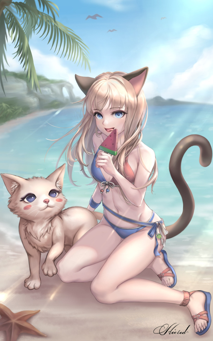 1girl absurdres animal_ears beach bikini blade_&amp;_soul blonde_hair blue_eyes blush cat cat_ears cat_tail commission food highres holding holding_cat ice_cream kie_(wylee2212) lace licking looking_at_viewer lyn_(blade_&amp;_soul) mascot ocean palm_tree sandals sitting sunlight swimsuit tail tree white_skin