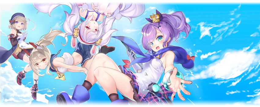 4girls :d animal_ears ayanami_(azur_lane) azur_lane bare_shoulders beret blonde_hair bracelet closed_eyes clouds cloudy_sky crown fake_animal_ears gloves green_eyes hair_ornament hair_ribbon hairband hairclip hand_on_own_chin hat headgear highres javelin_(azur_lane) jewelry laffey_(azur_lane) looking_at_viewer midriff mini_crown multiple_girls navel neckerchief one_eye_closed open_mouth orange_eyes pleated_skirt ponytail purple_hair rabbit_ears red_eyes red_hairband ribbon sailor_collar shoes short_hair sidelocks silver_hair single_glove skirt sky smile sweatdrop tank_top torpedo twintails violet_eyes white_gloves z23_(azur_lane)