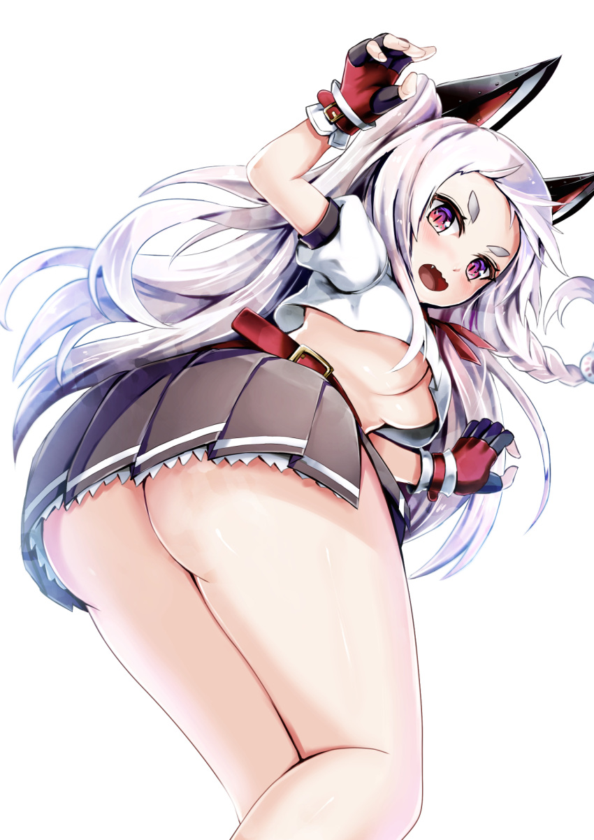 1girl animal_ears ass azur_lane belt black_gloves black_skirt braid breasts claw_pose commentary_request crop_top crop_top_overhang crost dog_ears fake_animal_ears fang fingerless_gloves from_behind gloves highres looking_at_viewer open_mouth pleated_skirt puffy_short_sleeves puffy_sleeves red_eyes short_sleeves simple_background single_braid skirt slit_pupils solo thick_eyebrows thighs twisted_torso under_boob wavy_mouth white_background white_hair yuudachi_(azur_lane)