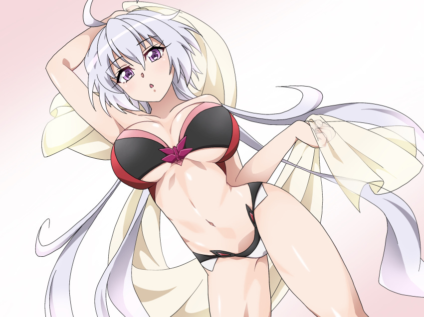 1girl ahoge arm_over_head arm_up bandeau bare_shoulders bikini breasts chestnut_mouth cowboy_shot dutch_angle emmxd325 eyebrows_visible_through_hair gradient gradient_background highres holding large_breasts lavender_hair long_hair navel pink_background senki_zesshou_symphogear simple_background solo stomach swimsuit violet_eyes yukine_chris