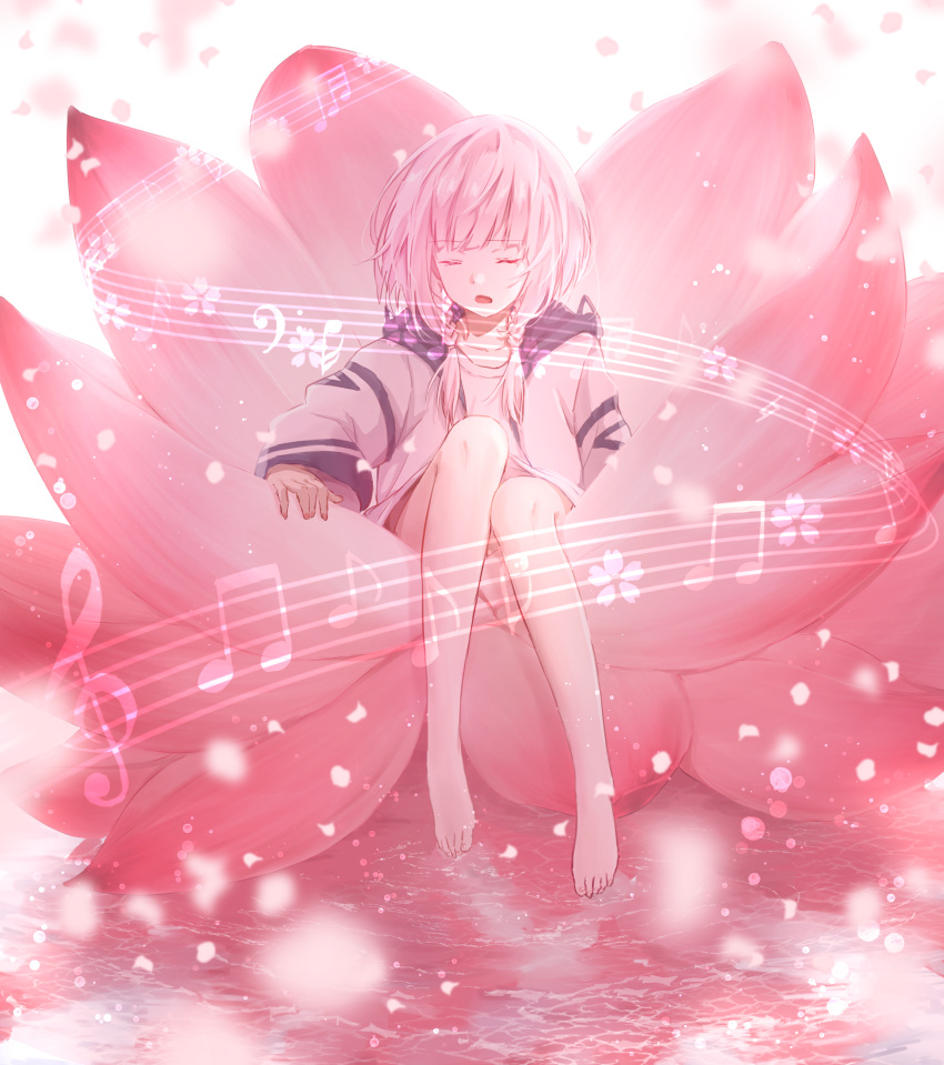 1girl absurdres bangs barefoot beamed_eighth_notes cherry_blossoms closed_eyes collarbone commentary eighth_note flower full_body haru_(re_ilust) highres hood hood_down kaf long_hair long_sleeves lotus_pedestal low_twin_braids music musical_note open_mouth oversized_flowers petals pink_hair quarter_rest singing sitting solo staff_(music) treble_clef virtual_kaf virtual_youtuber water